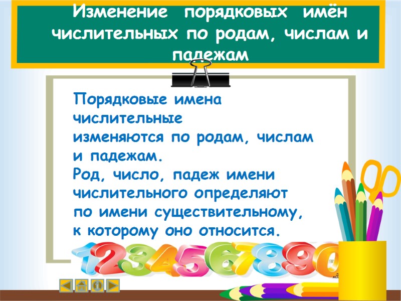 Изменение  порядковых  имён числительных по родам, числам и падежам Порядковые имена числительные